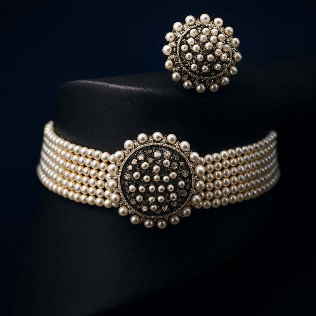 Empress Halo choker and earring displayed on black cylindrical surface with deep blue background