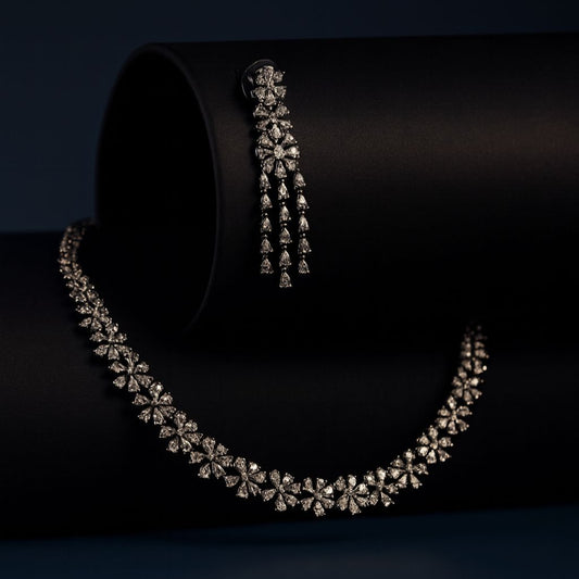 CZ stone necklace in Black oxidised plating and earrings, affordable luxury