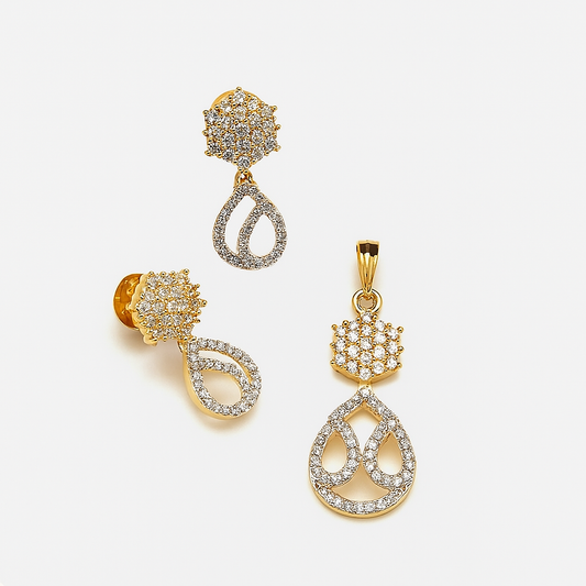 Elegant CZ Golden Pendant Set (no chain) – gold-tone rhodium-plated with cubic zirconia stones on white background
