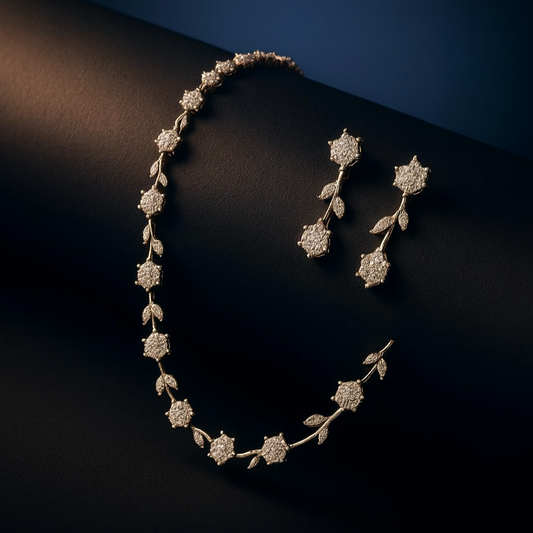 Venezia Shine CZ floral necklace and earrings set displayed on red bust stand with black background
