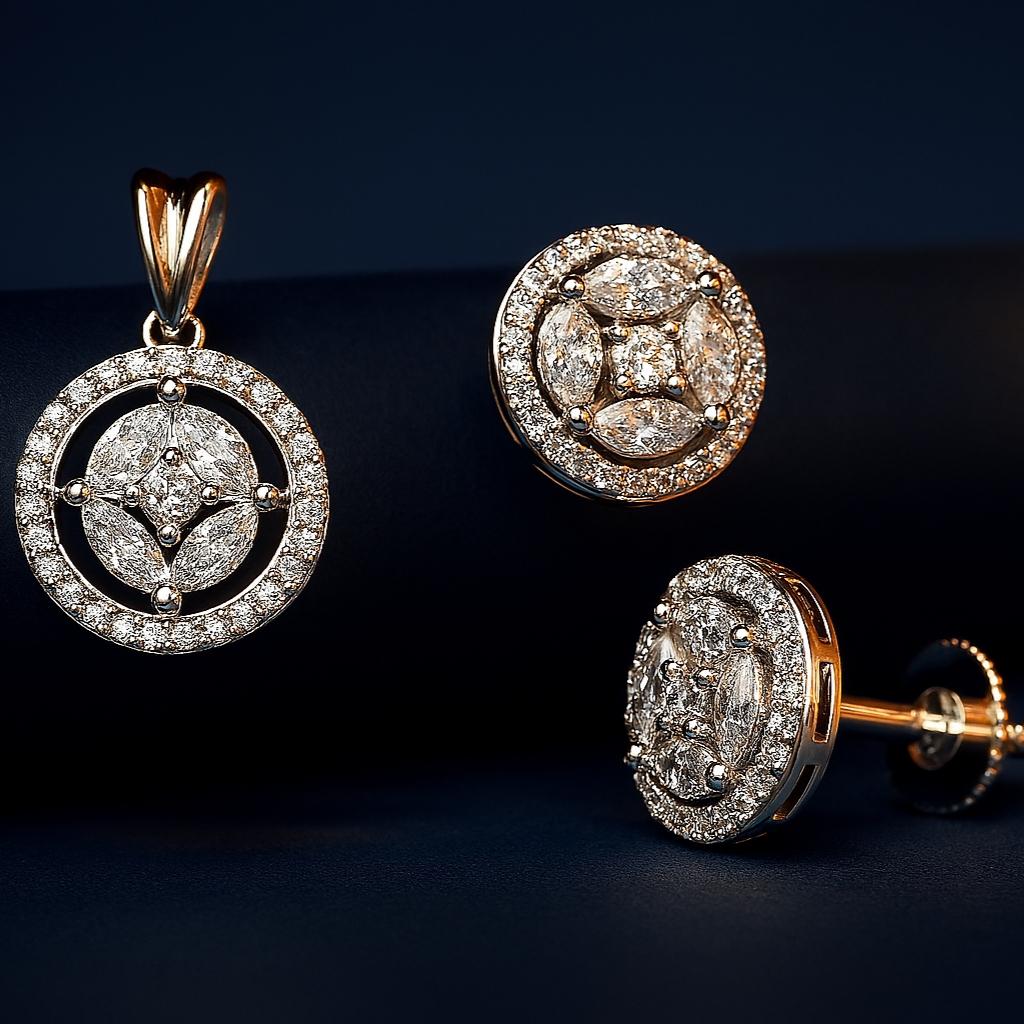 Exclusive CZ White Pendant Set (no chain) – luxury jewellery photo on black matte cylindrical surface with soft lighting