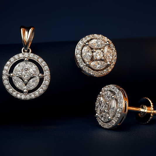 Exclusive CZ White Pendant Set (no chain) – luxury jewellery photo on black matte cylindrical surface with soft lighting