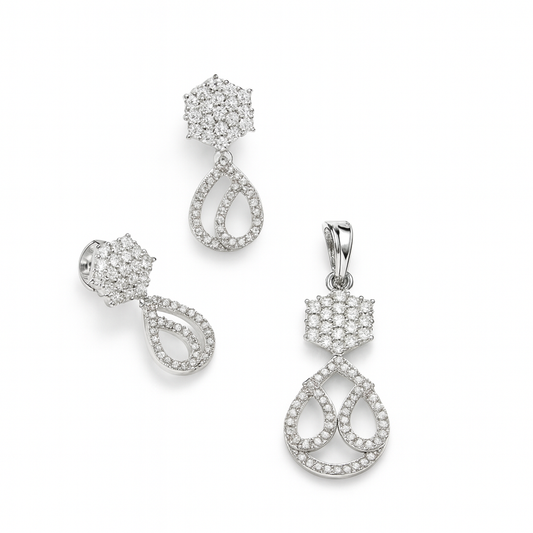 Elegant CZ Silver Pendant Set (no chain) – rhodium-plated with cubic zirconia stones on white background