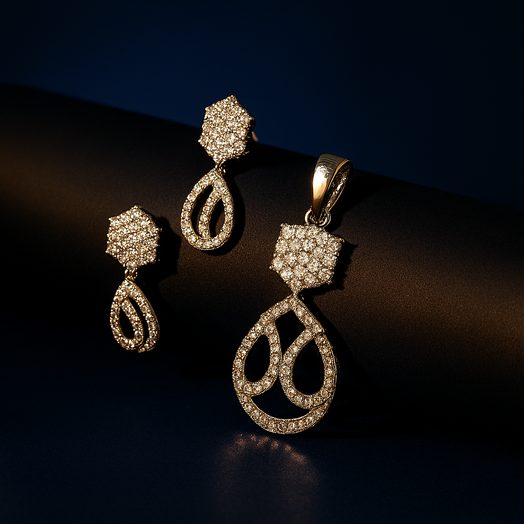 Elegant CZ Silver Pendant Set (no chain) – luxury jewellery photo on black matte cylindrical surface with soft lighting