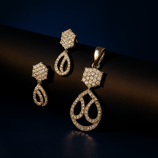 Elegant CZ Silver Pendant Set (no chain) – luxury jewellery photo on black matte cylindrical surface with soft lighting