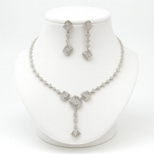 Roma Eleganza fancy white AD necklace set displayed on white bust stand