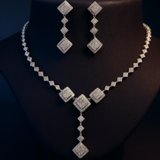 : Roma Eleganza AD necklace and earring set on red bust stand with black background