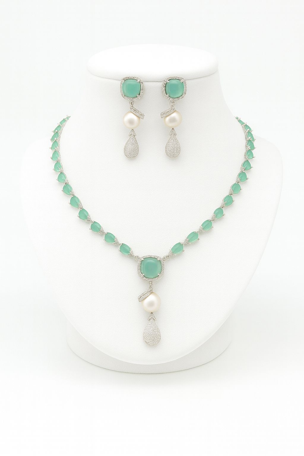  Marina mint AD necklace set with pearl drop earrings shown on white bust stand