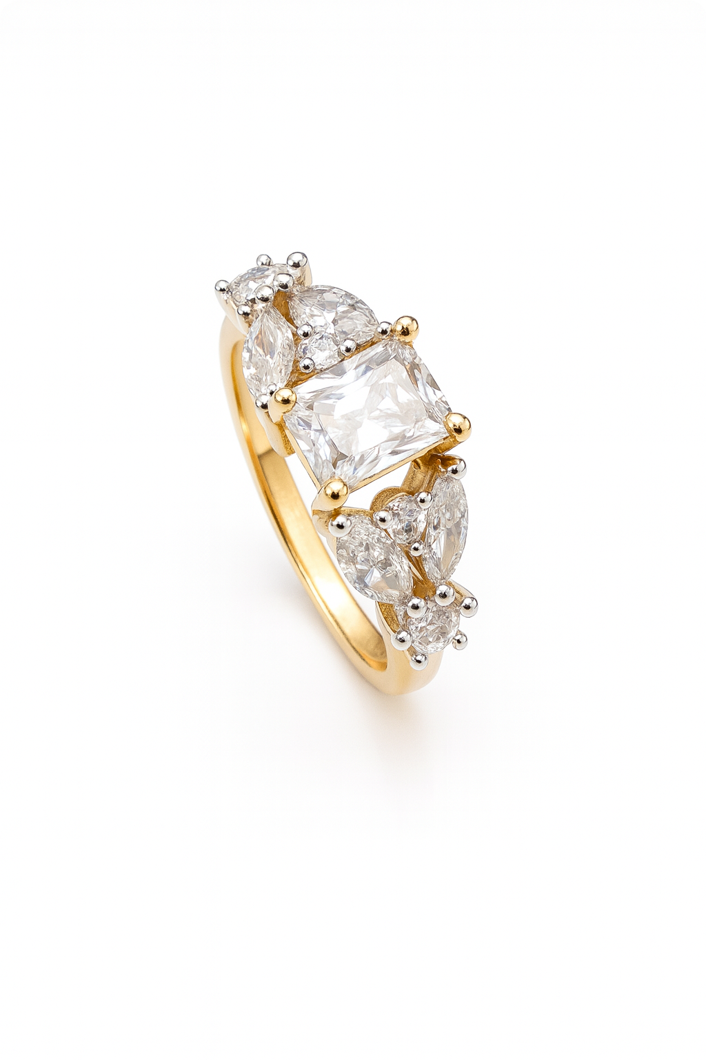 Studio shot of Dolce Nodo ring with centre rectangular CZ stone and surrounding clusters