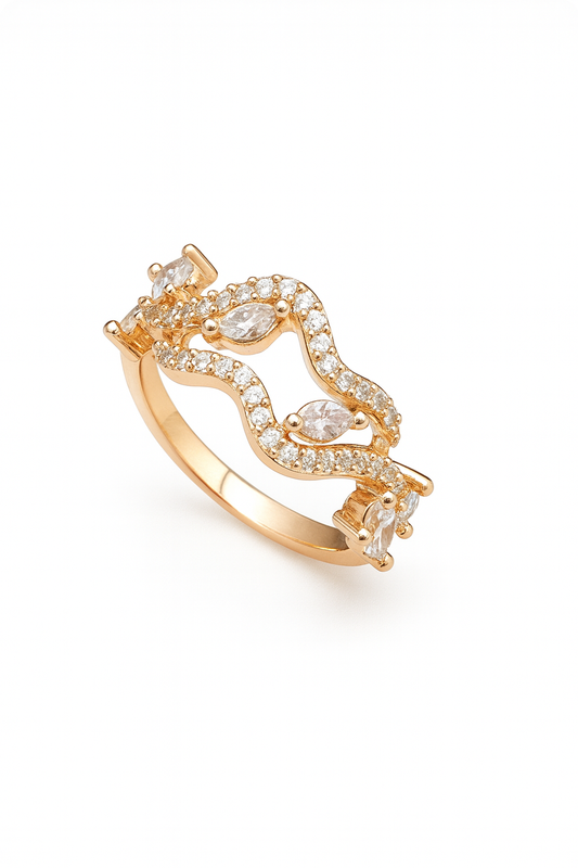 Studio shot of wave-shaped ring with marquise-cut stones and gold base