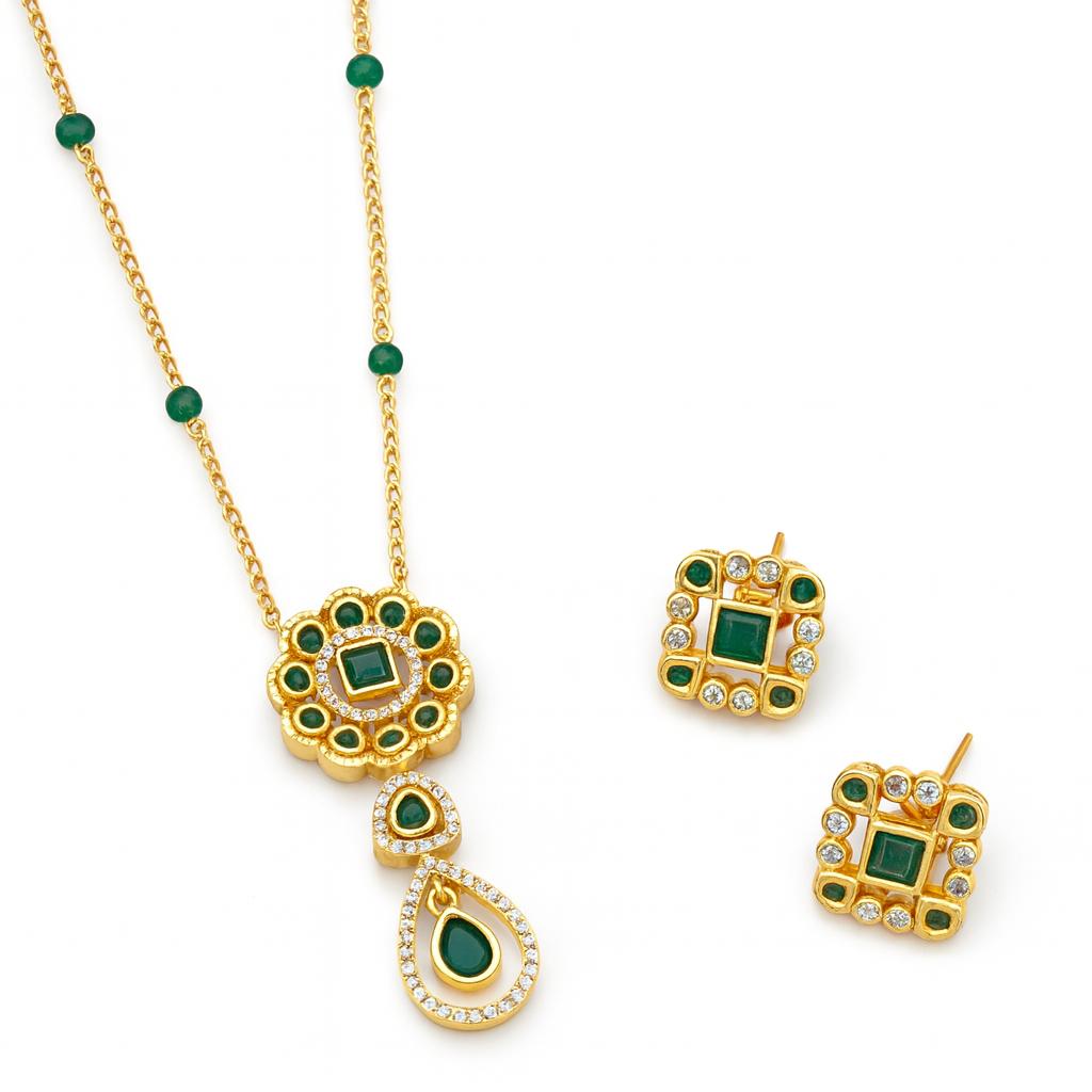 Fancy Kundan Chain with matching earrings – gold-plated brass with green stones on white background