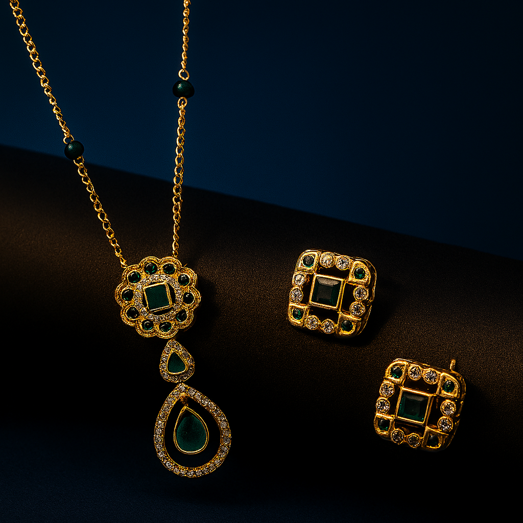 Fancy Kundan Chain with earrings – gold-plated brass jewellery with green kundan stones on black matte cylindrical surface