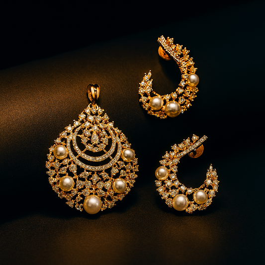 Faux Pearl CZ Pendant Set – luxury jewellery photo on black matte cylindrical surface