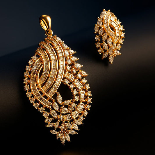 Glamorous Elegant CZ Pendant Set – luxury jewellery photo on black matte cylindrical surface