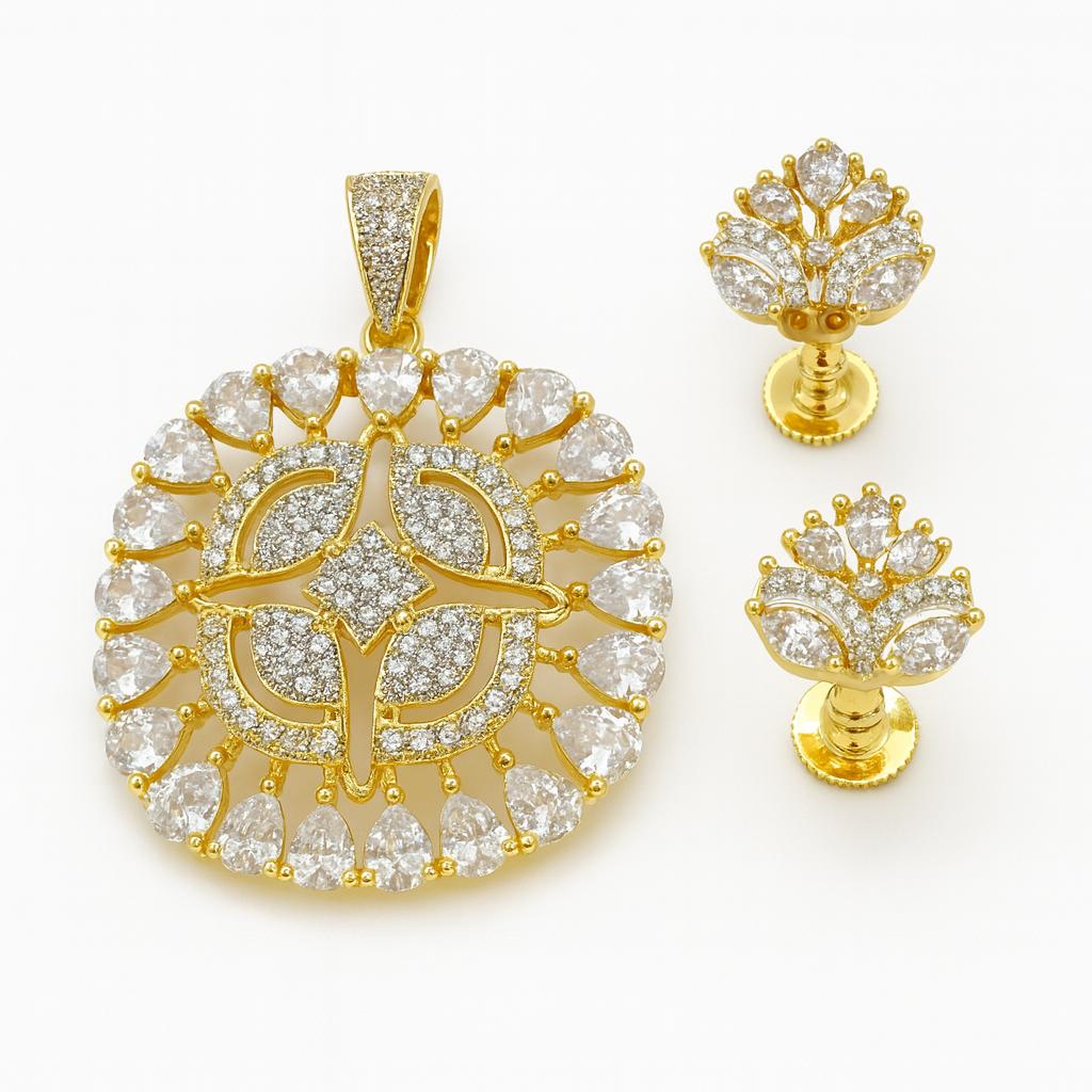GLITTERING CZ Pendant Set Golden close-up on white background – no chain included