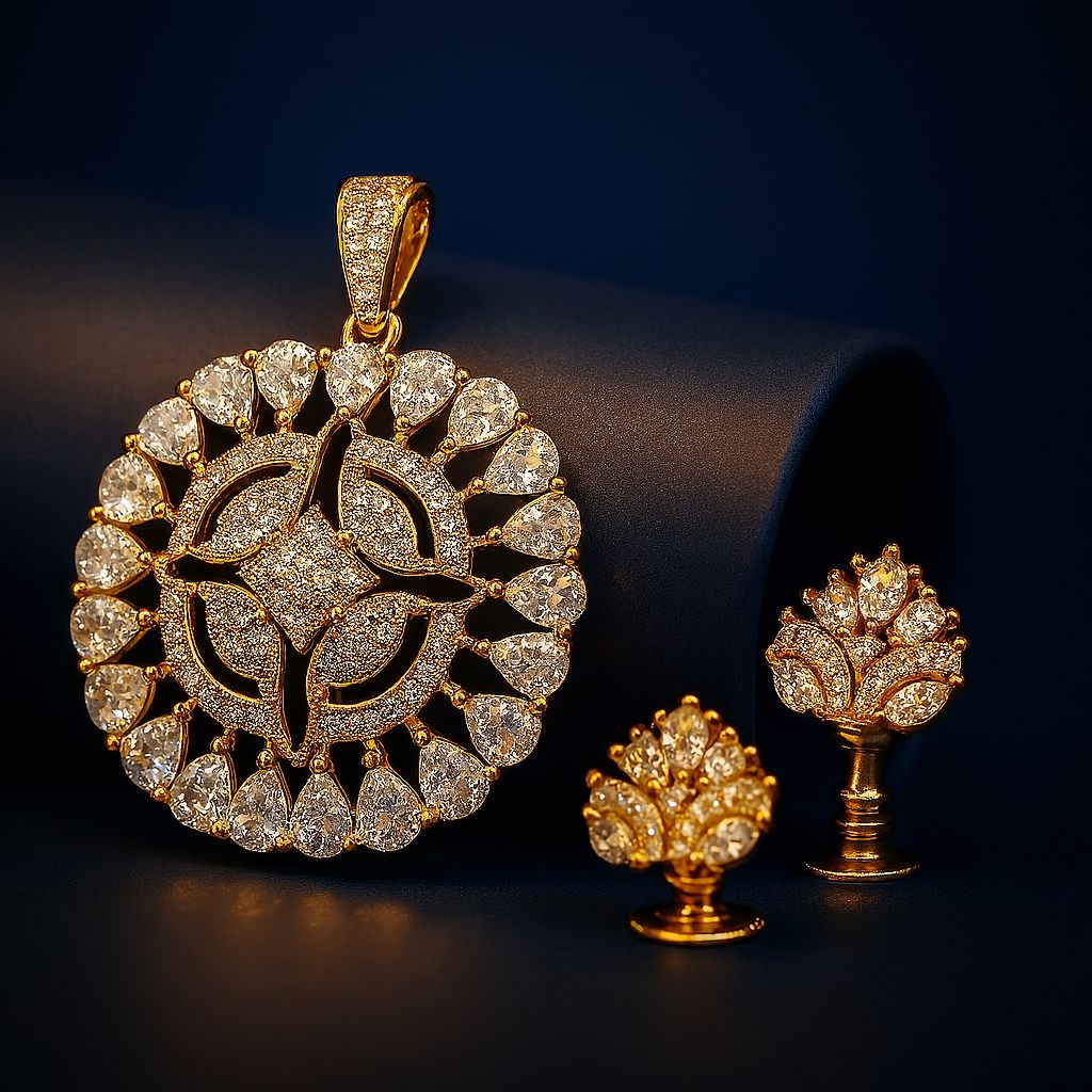 GLITTERING CZ Pendant Set Golden on luxury dark blue background – no chain included