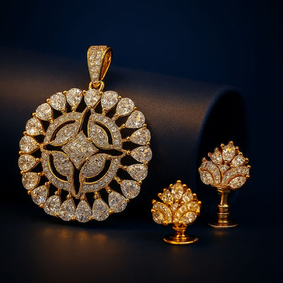 GLITTERING CZ Pendant Set Golden on luxury dark blue background – no chain included