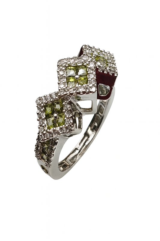 Studio shot of square-panel AD ring with white rhodium finish