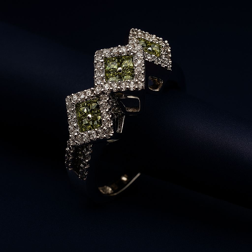 Elegant close-up of ring with three invisible set green squares on dark backdrop