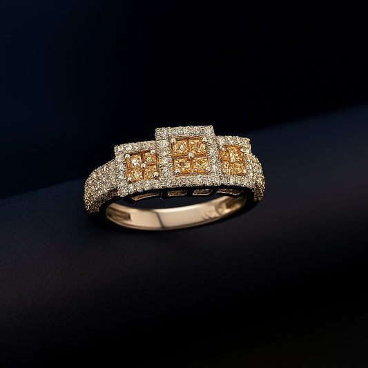 Angled view of champagne AD finger ring highlighting sparkle and texture