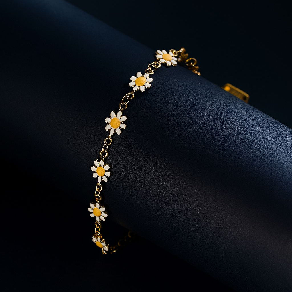 Bracelet with flower-shaped charms on a dark background