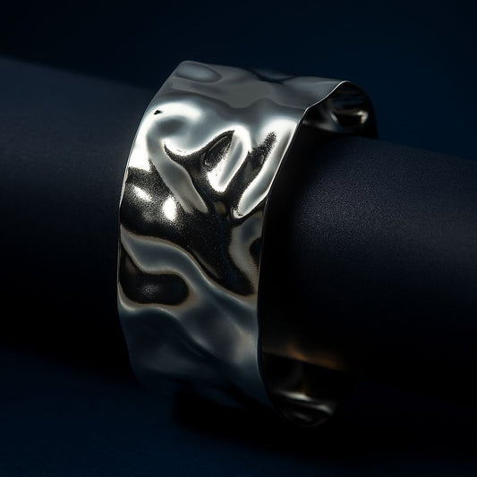 Silver cuff bracelet on a dark background