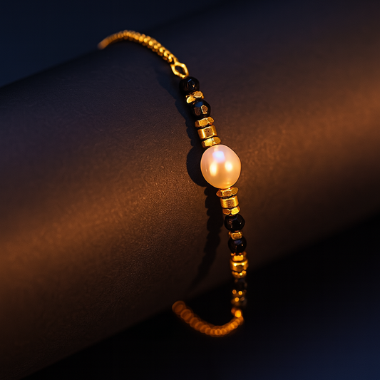Gold bracelet with a pearl on a dark background