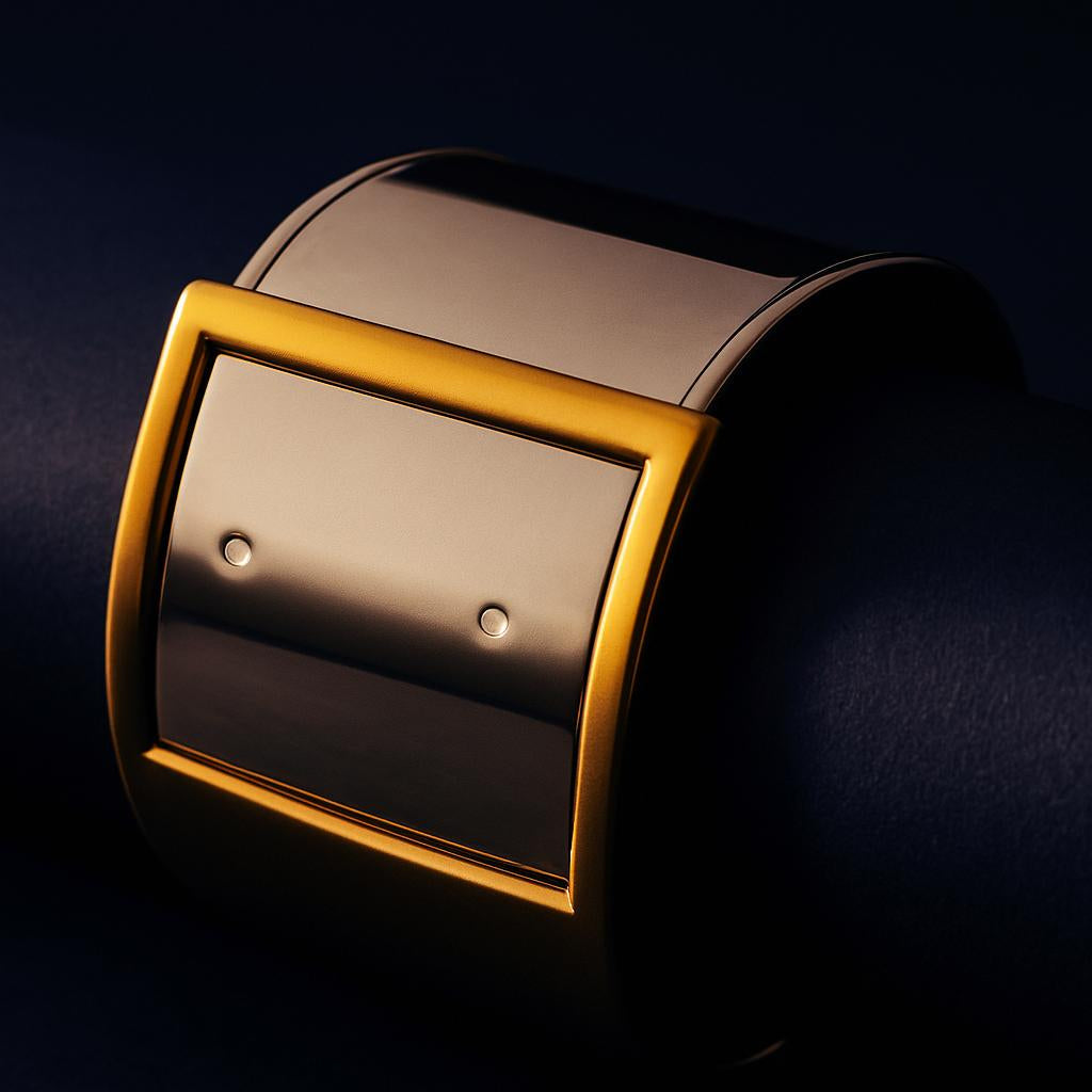 Gold and silver belt buckle on a dark background