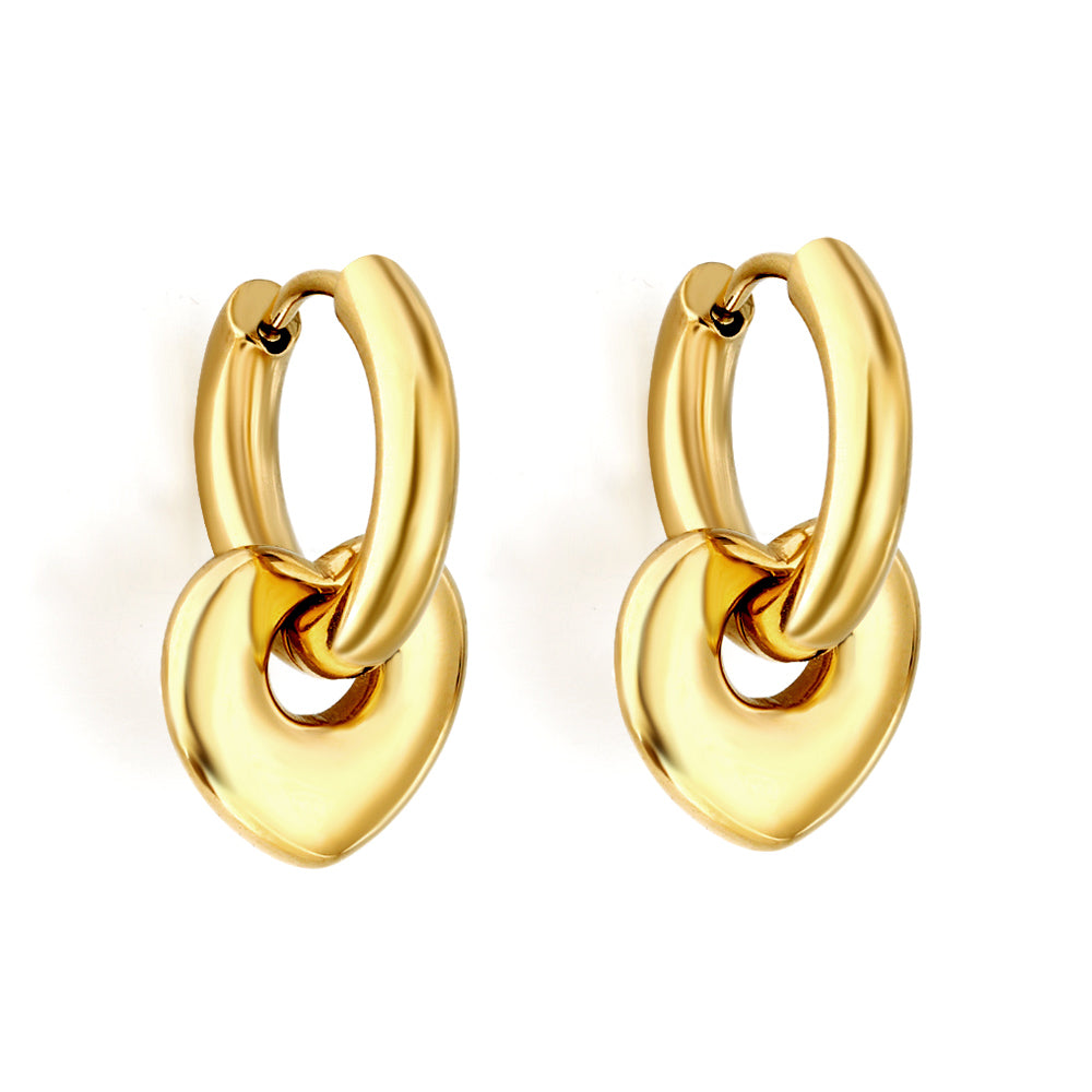 FLAIR Hoop Gold Earrings – hoop with heart charm in 18K PVD gold plated stainless steel on white background