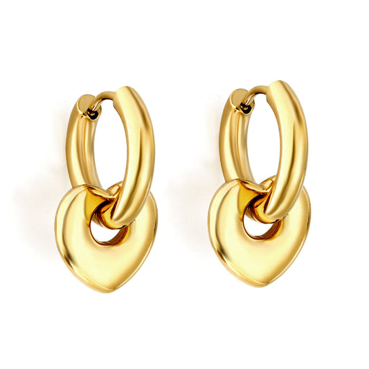 FLAIR Hoop Gold Earrings – hoop with heart charm in 18K PVD gold plated stainless steel on white background