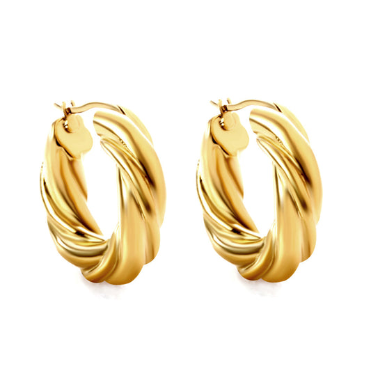 RISE Hoop Gold Earrings – twisted rope design in 18K PVD gold plated stainless steel on white background