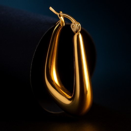 WISP Hoop Droplets Gold Earrings – pair displayed on white satin background with gold shine