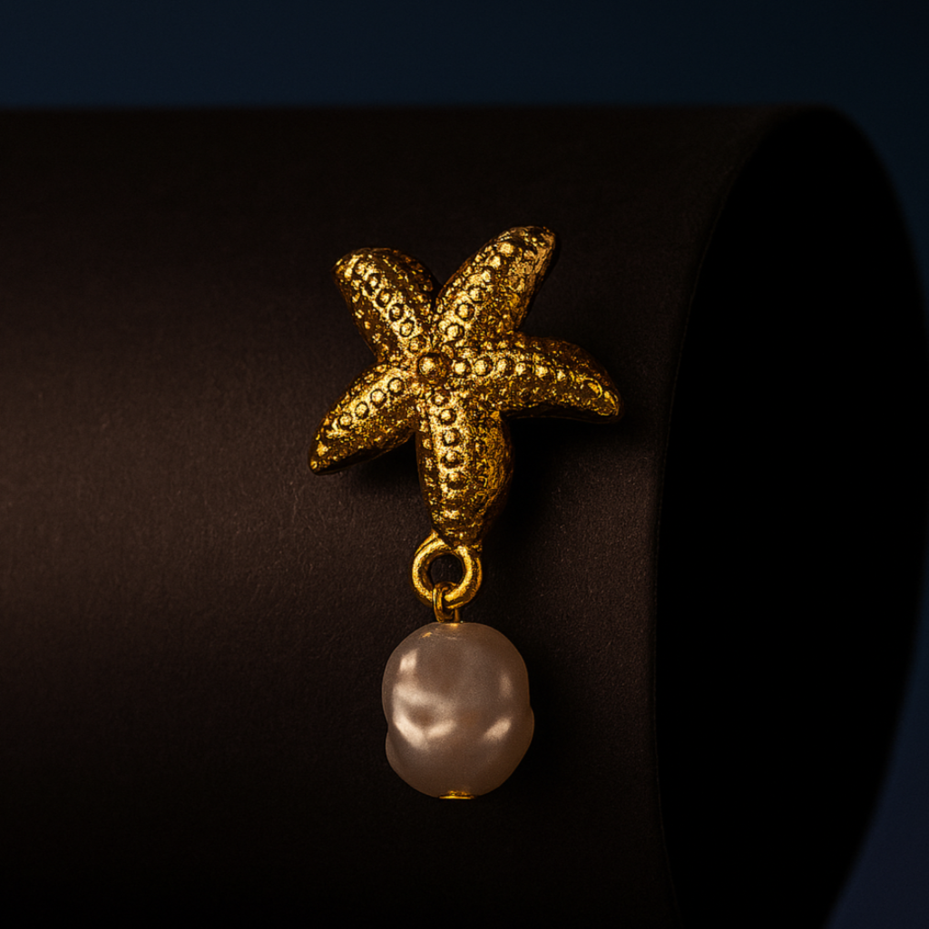 VEIL Stud Pearl Gold Earrings – starfish and shell designs with pearl drops in 18K PVD gold plated stainless steel on beige fabric background