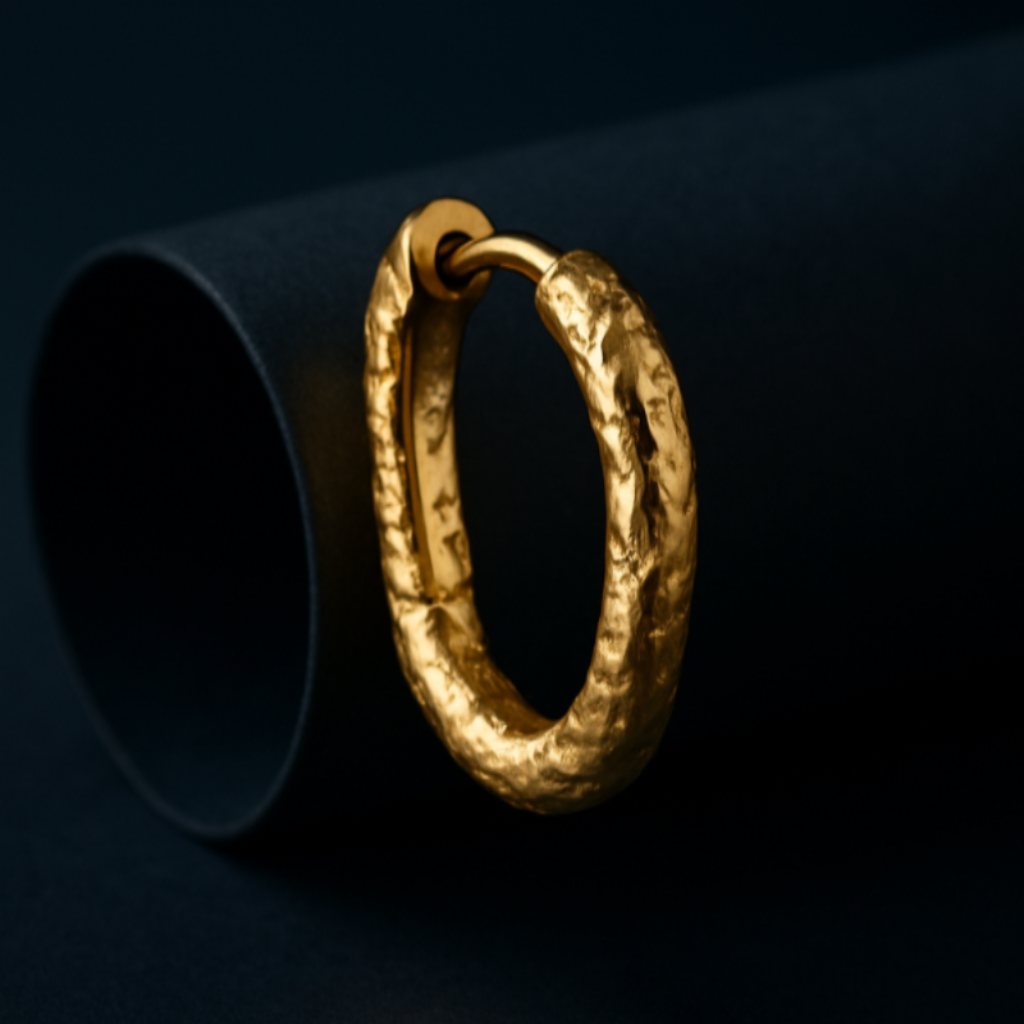 Gold hoop earring on a dark background