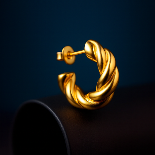 Gold hoop earring on a dark background