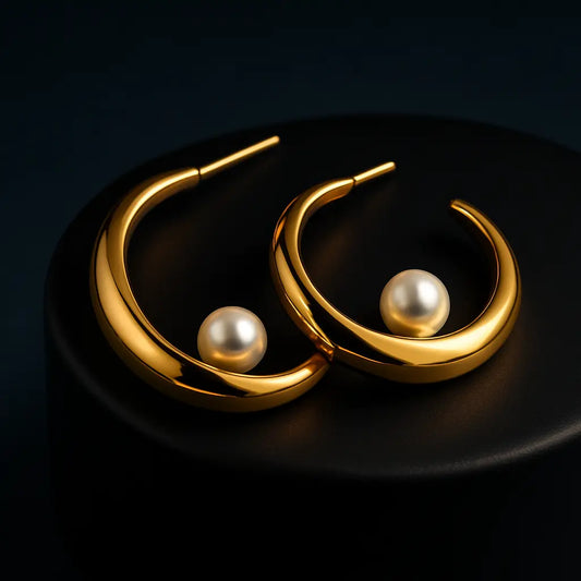 Gold hoop earrings with pearl centers on a dark background