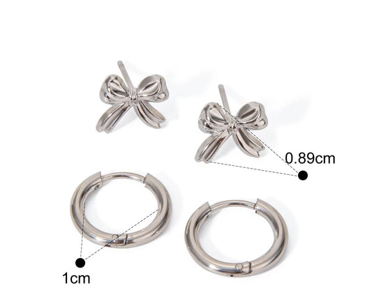 Bow-shaped earrings and hoop earrings with measurements on a white background