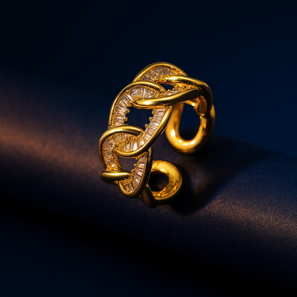Gold ring with diamond accents on a dark background