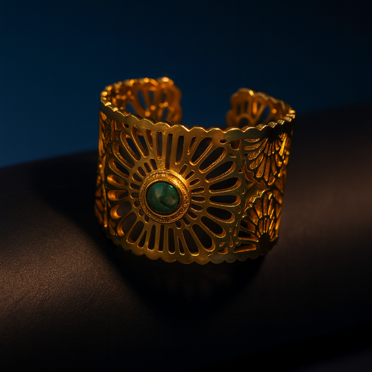 Gold bracelet with a green gemstone on a dark background