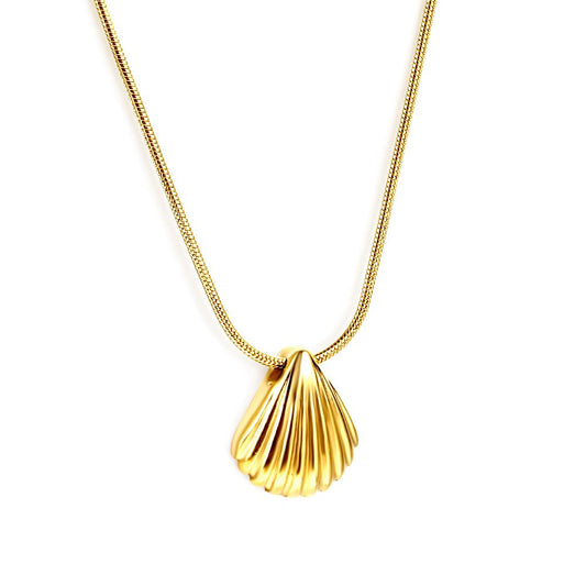 "Aura Shell Pendant Necklace in 18K PVD gold plated stainless steel on white background"