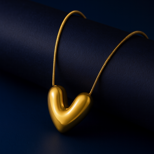 "Luna Bold Heart Necklace in 18K PVD gold plated stainless steel on dark cylindrical surface with navy background"