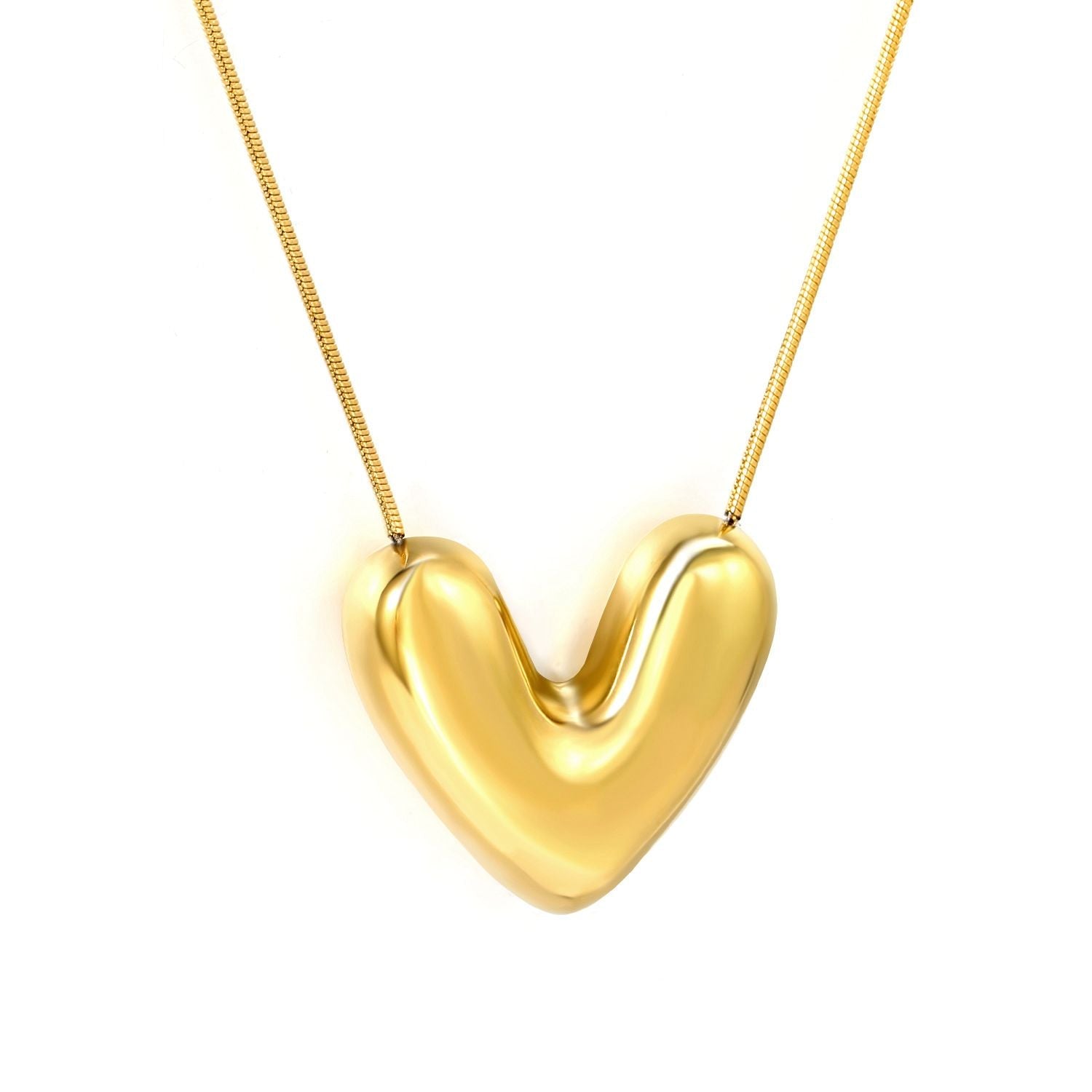 "Luna Bold Heart Necklace in 18K PVD gold plated stainless steel on white background"
