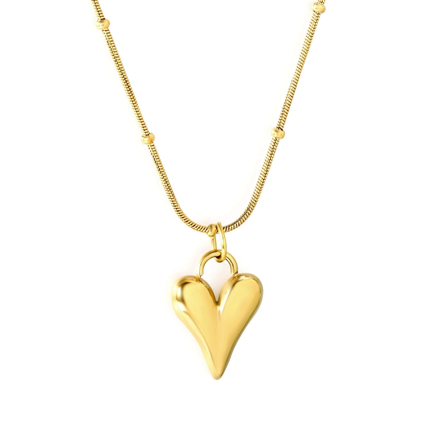"Zeal Elongated Heart Necklace in 18K PVD gold plated stainless steel on white background"