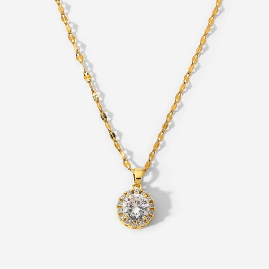 "Golden Wattle CZ Pendant Necklace in 18K PVD gold plated stainless steel on white background"