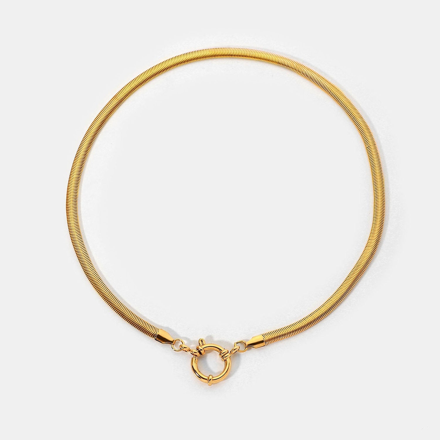 "Aurelia Snake Chain Choker with sailor clasp in 18K PVD gold plated stainless steel on white background"