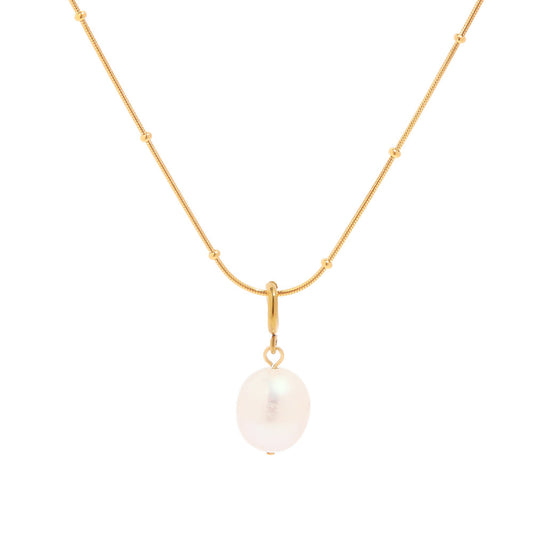 "Gilden Necklace with natural freshwater pearl pendant on bead-accented chain in 18K PVD gold plated stainless steel on white background"