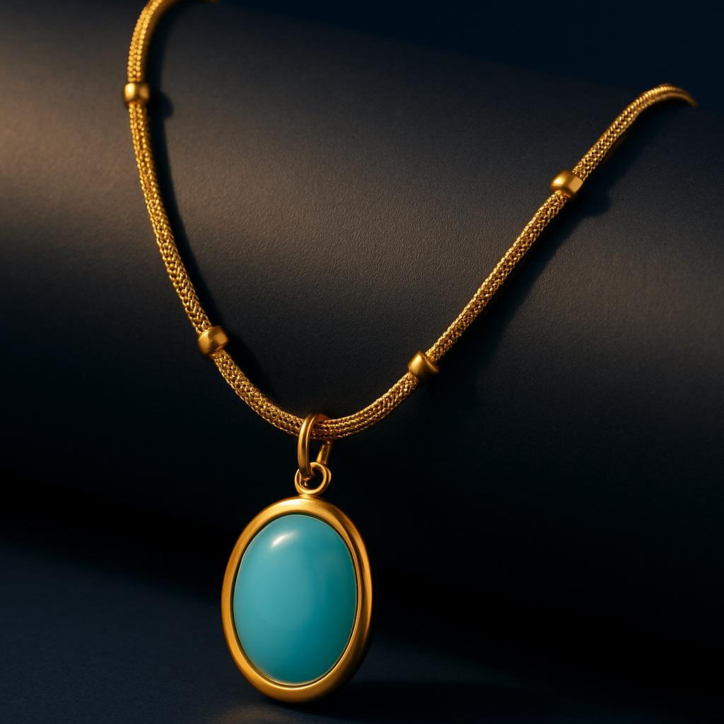 "Aurora Necklace with oval blue stone pendant in 18K PVD gold plated stainless steel on dark cylindrical surface with navy background"