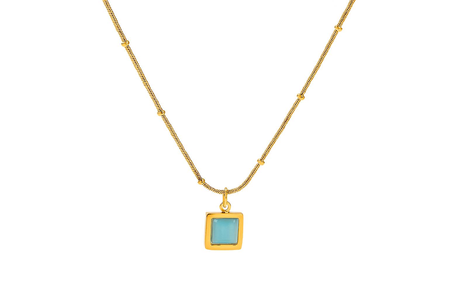 SOLVINA Necklace with square blue stone pendant in 18K PVD gold plating