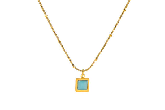 SOLVINA Necklace with square blue stone pendant in 18K PVD gold plating