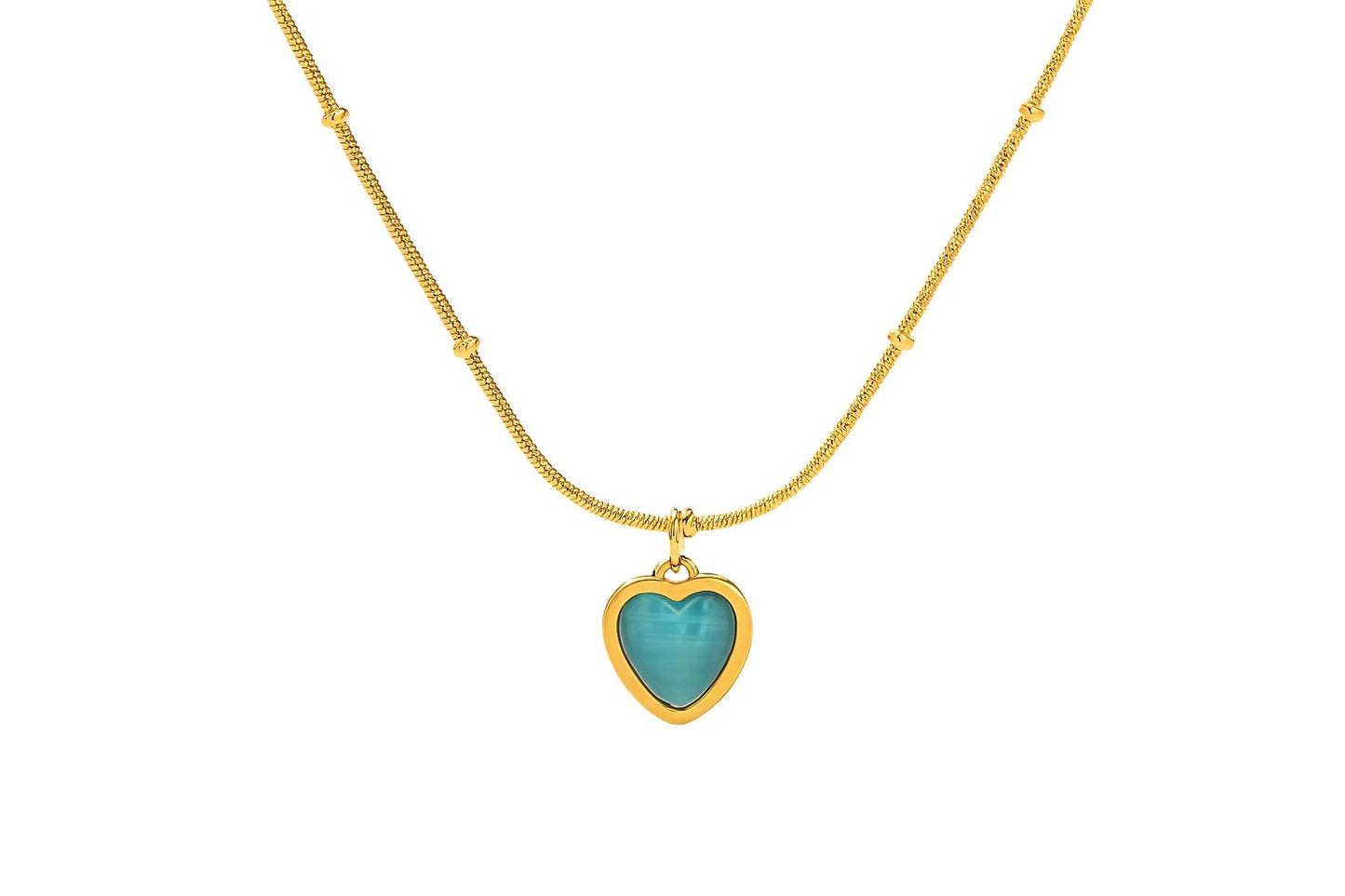 CALISTA Gold Necklace with heart-shaped blue stone pendant on white background